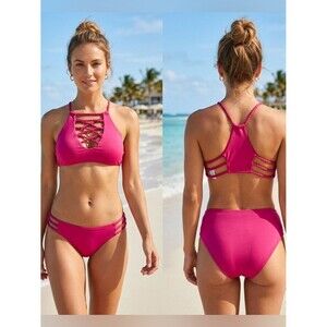 BECCA by Rebecca Bikini Set Small Pink High Neck Strappy Swimwear Beach Resort